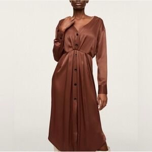 MNG Brown Satin Long Sleeve Button Front Midi Shirt Dress Size S